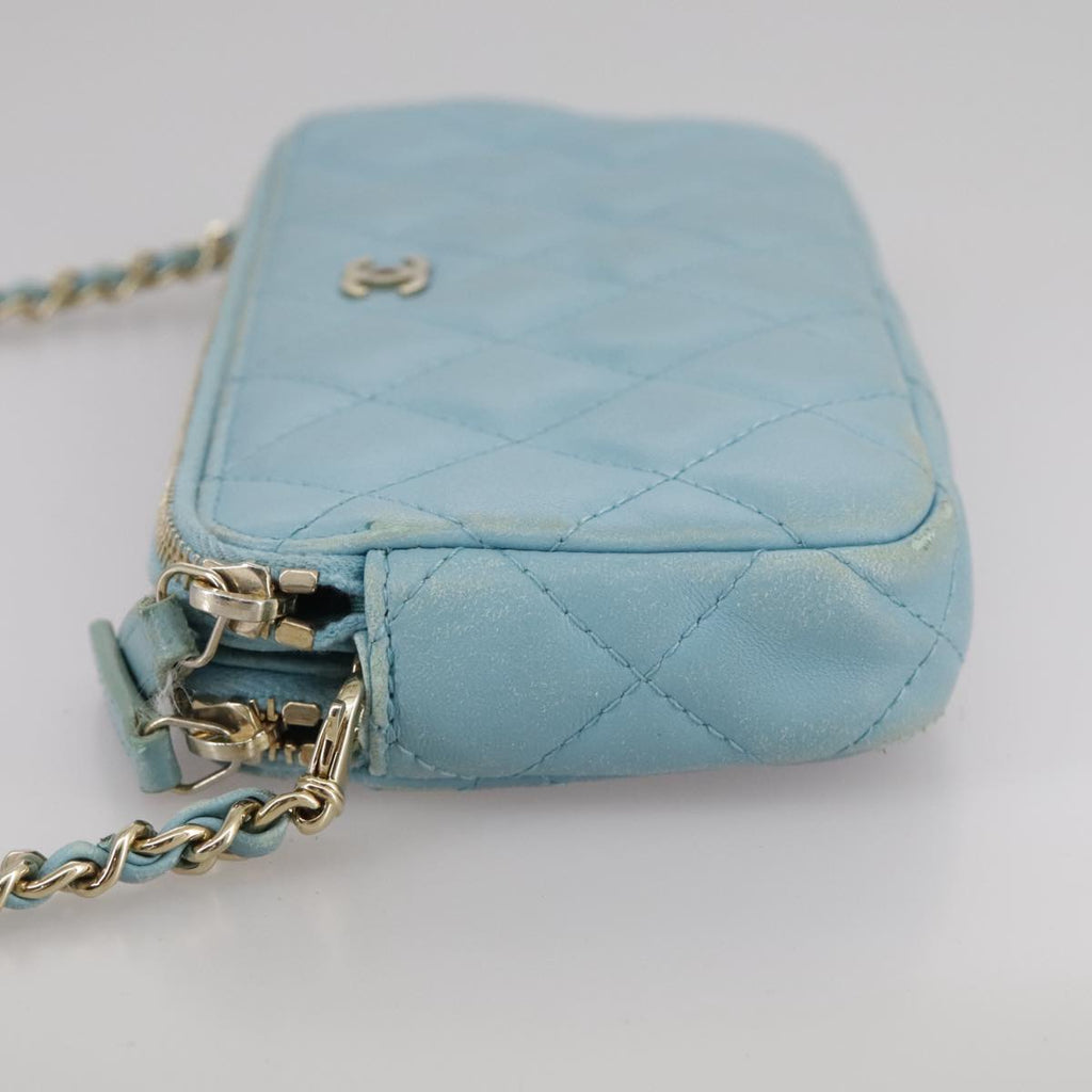 CHANEL Matelasse Chain Shoulder Wallet Lamb Skin Light Blue CC 108979