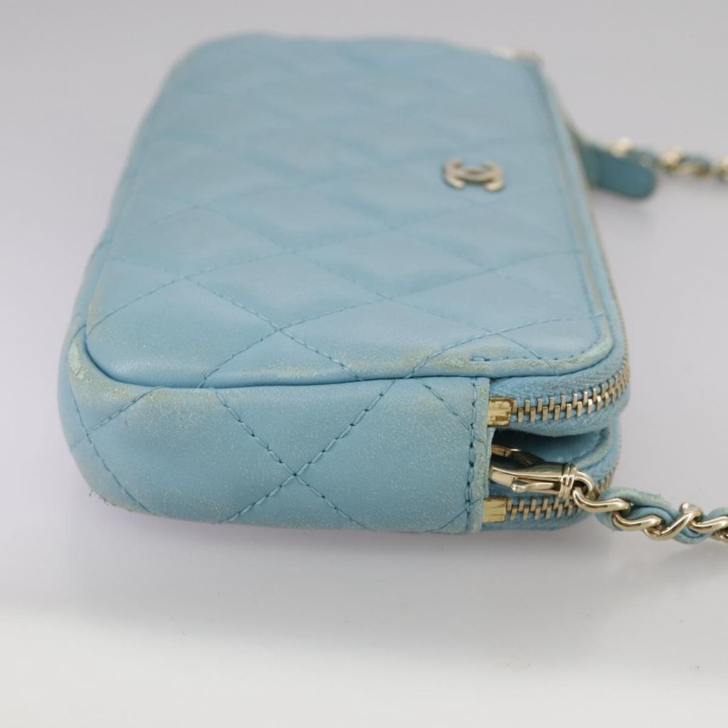 CHANEL Matelasse Chain Shoulder Wallet Lamb Skin Light Blue CC 108979