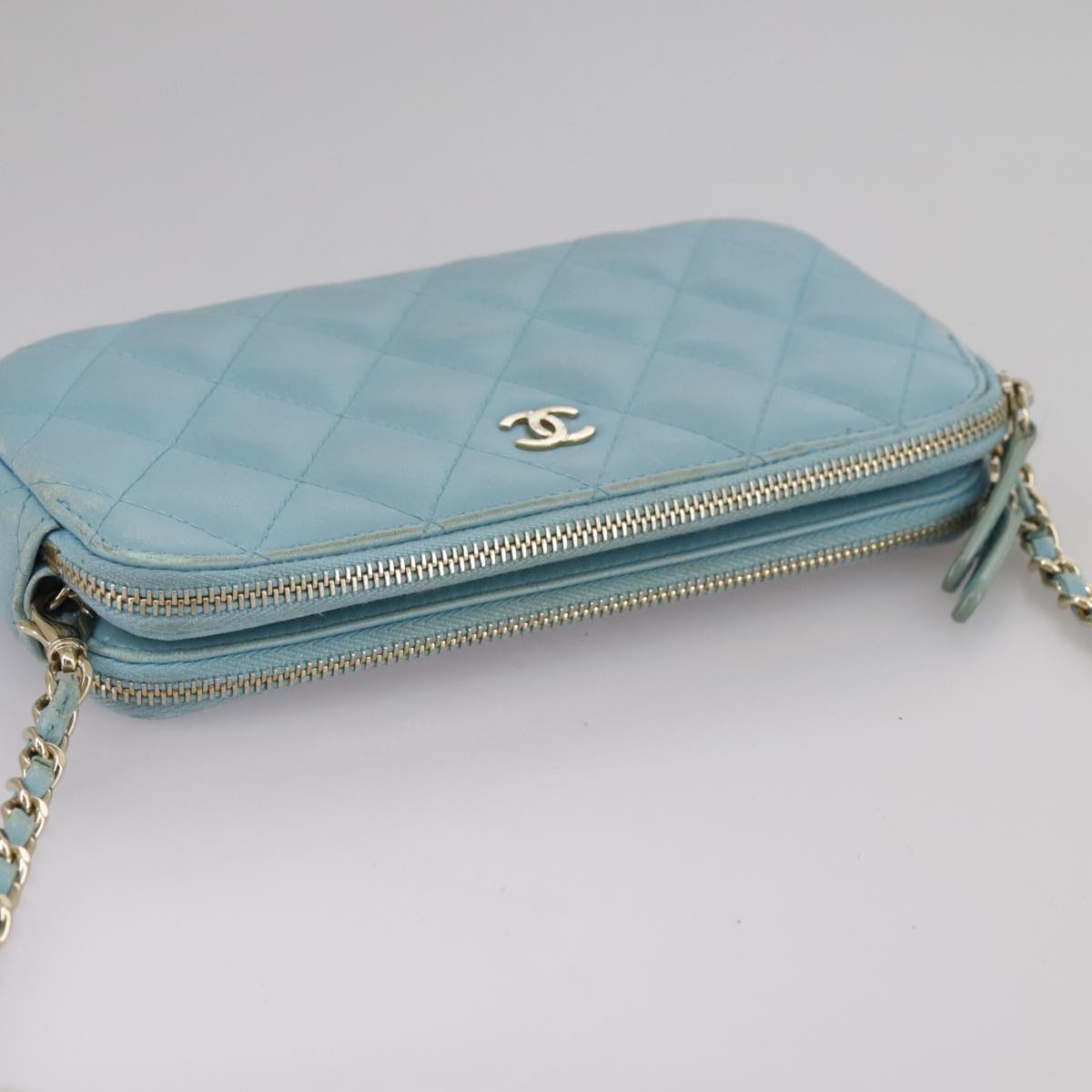CHANEL Matelasse Chain Shoulder Wallet Lamb Skin Light Blue CC 108979