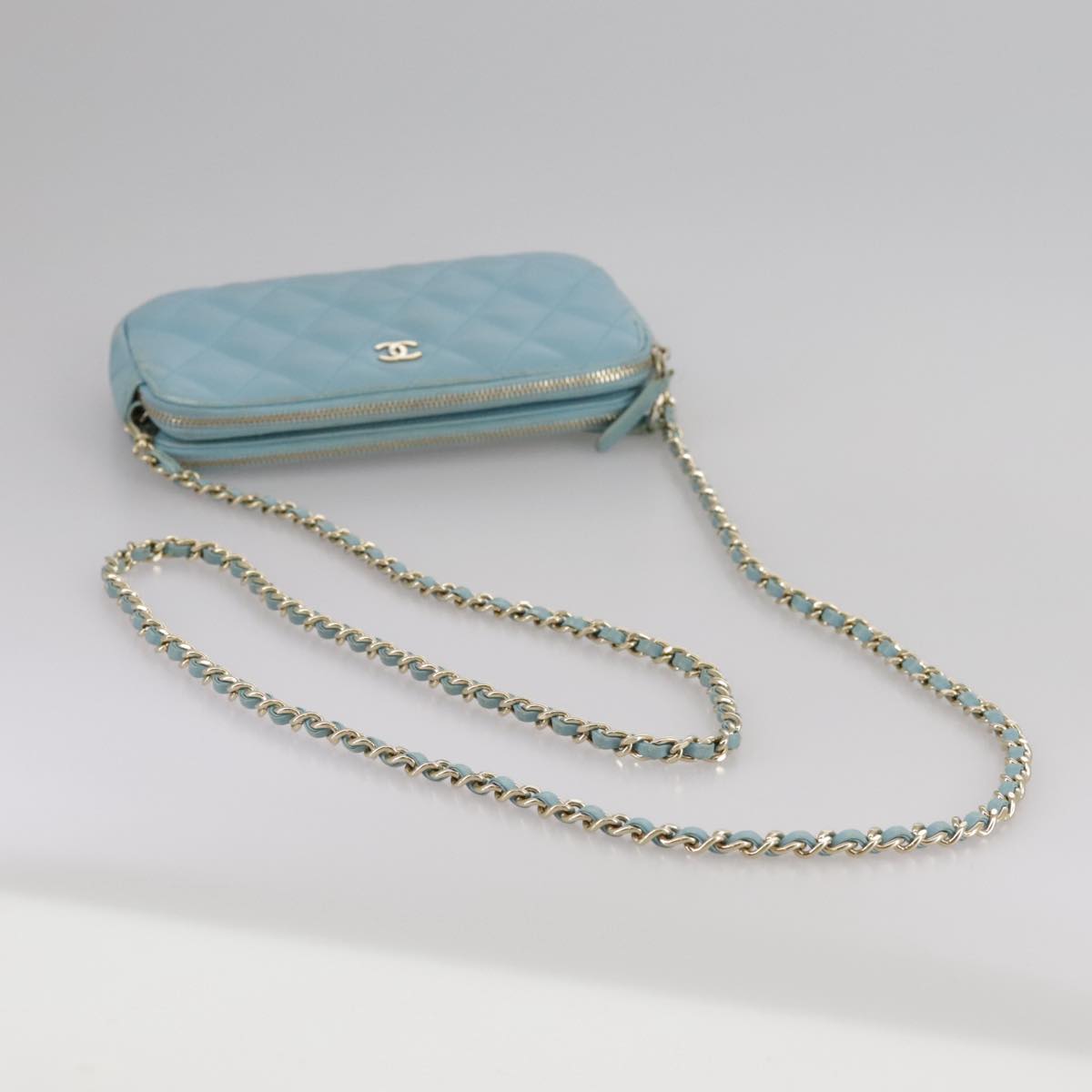 CHANEL Matelasse Chain Shoulder Wallet Lamb Skin Light Blue CC 108979