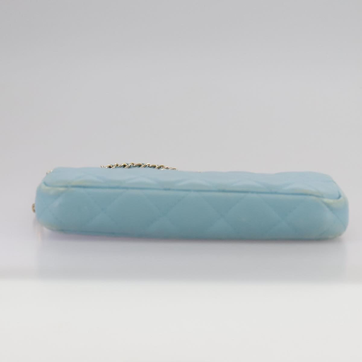 CHANEL Matelasse Chain Shoulder Wallet Lamb Skin Light Blue CC 108979