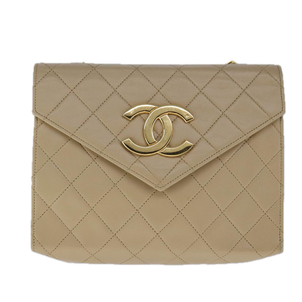 CHANEL Matelasse Big COCO Mark Chain Bag Lamb Skin Beige Gold CC 109065