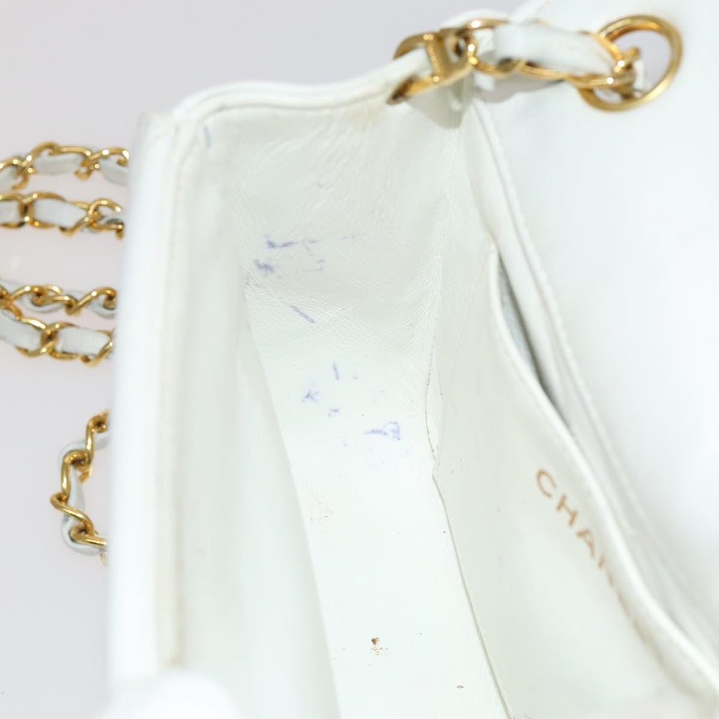 CHANEL Mademoiselle Double Flap Chain Bag Lamb Skin White Gold CC 109066