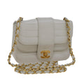 CHANEL Mademoiselle Double Flap Chain Bag Lamb Skin White Gold CC 109066