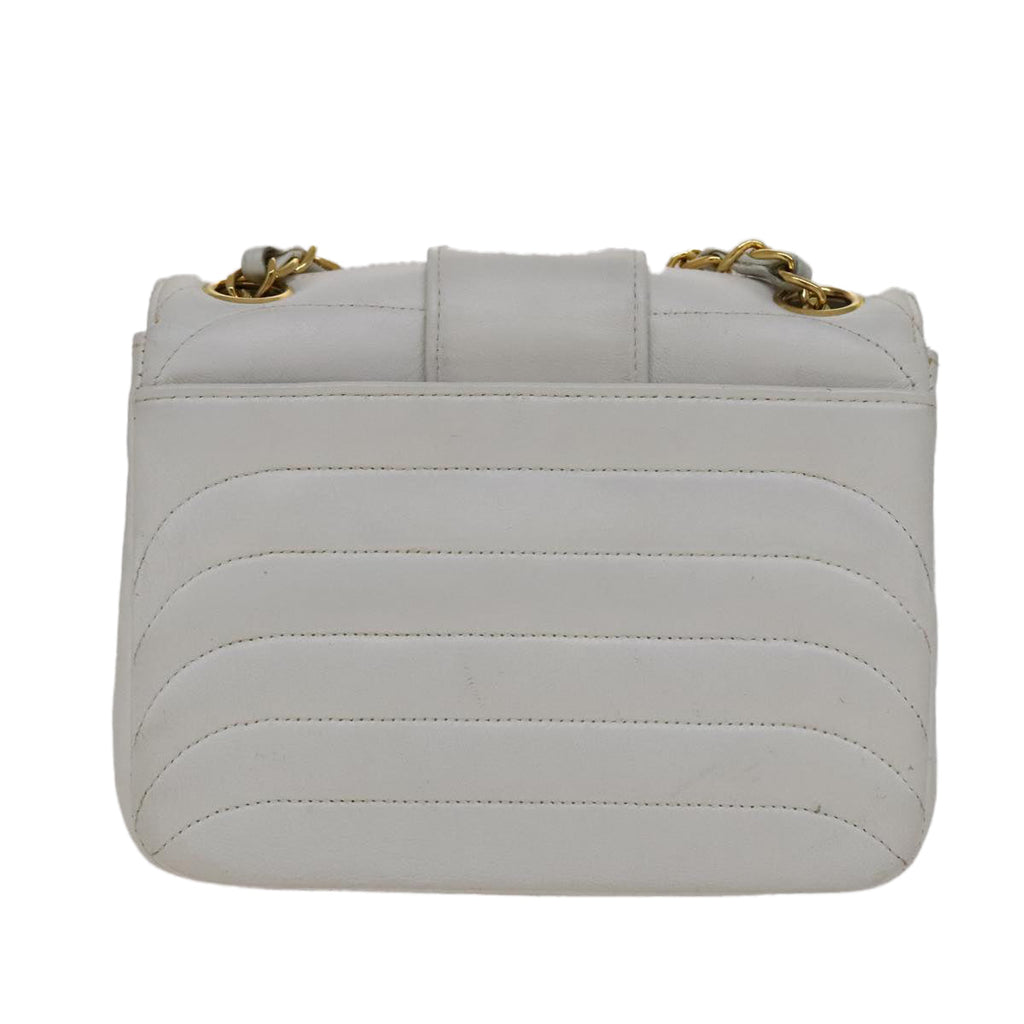 CHANEL Mademoiselle Double Flap Chain Bag Lamb Skin White Gold CC 109066