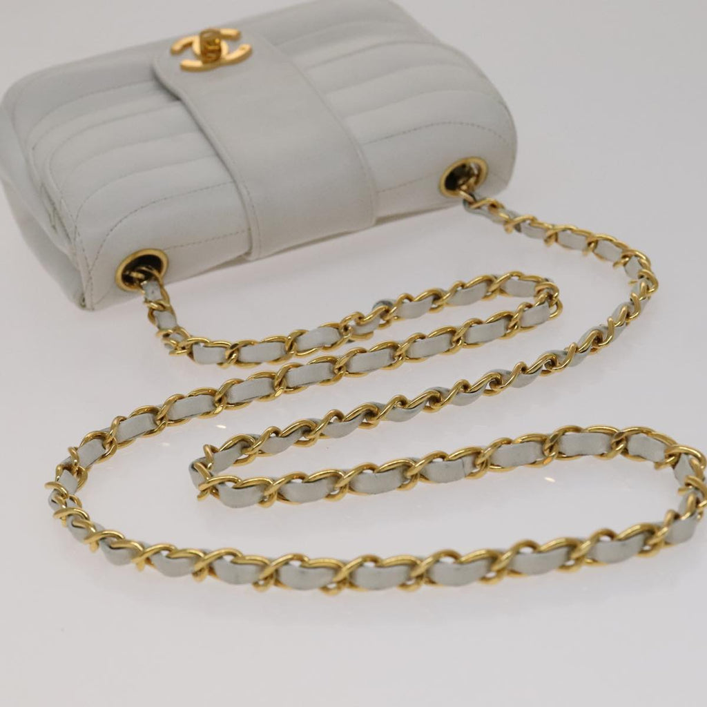 CHANEL Mademoiselle Double Flap Chain Bag Lamb Skin White Gold CC 109066