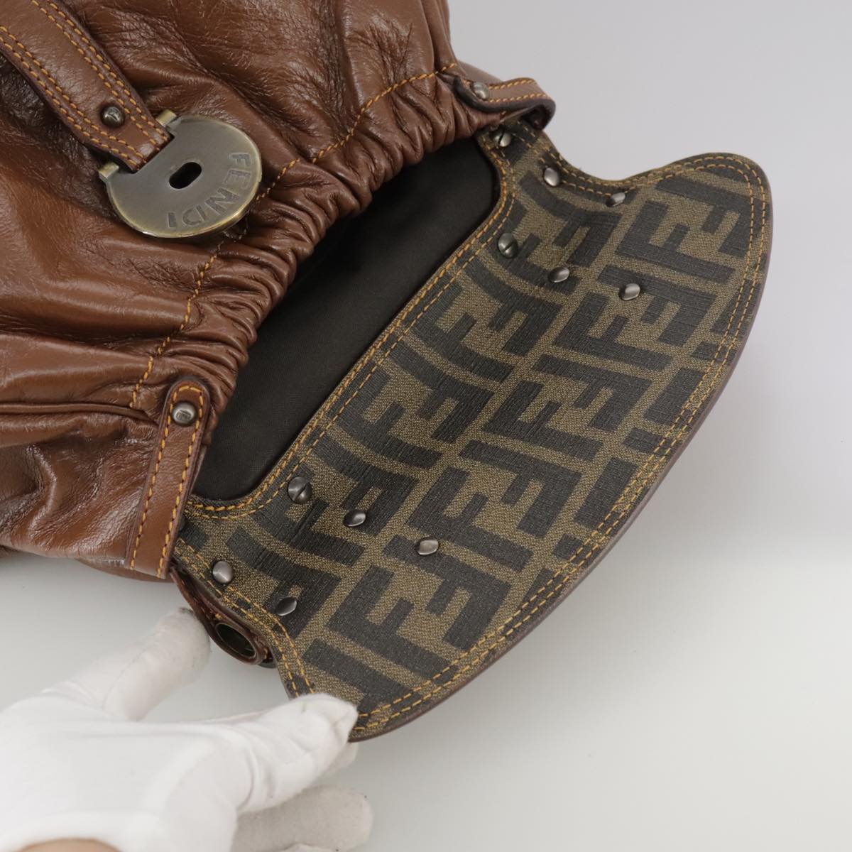 FENDI Hand Bag Leather Brown 109148