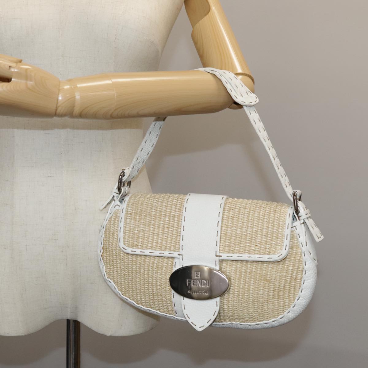 FENDI Celeria Hand Bag Raffia Beige 109149