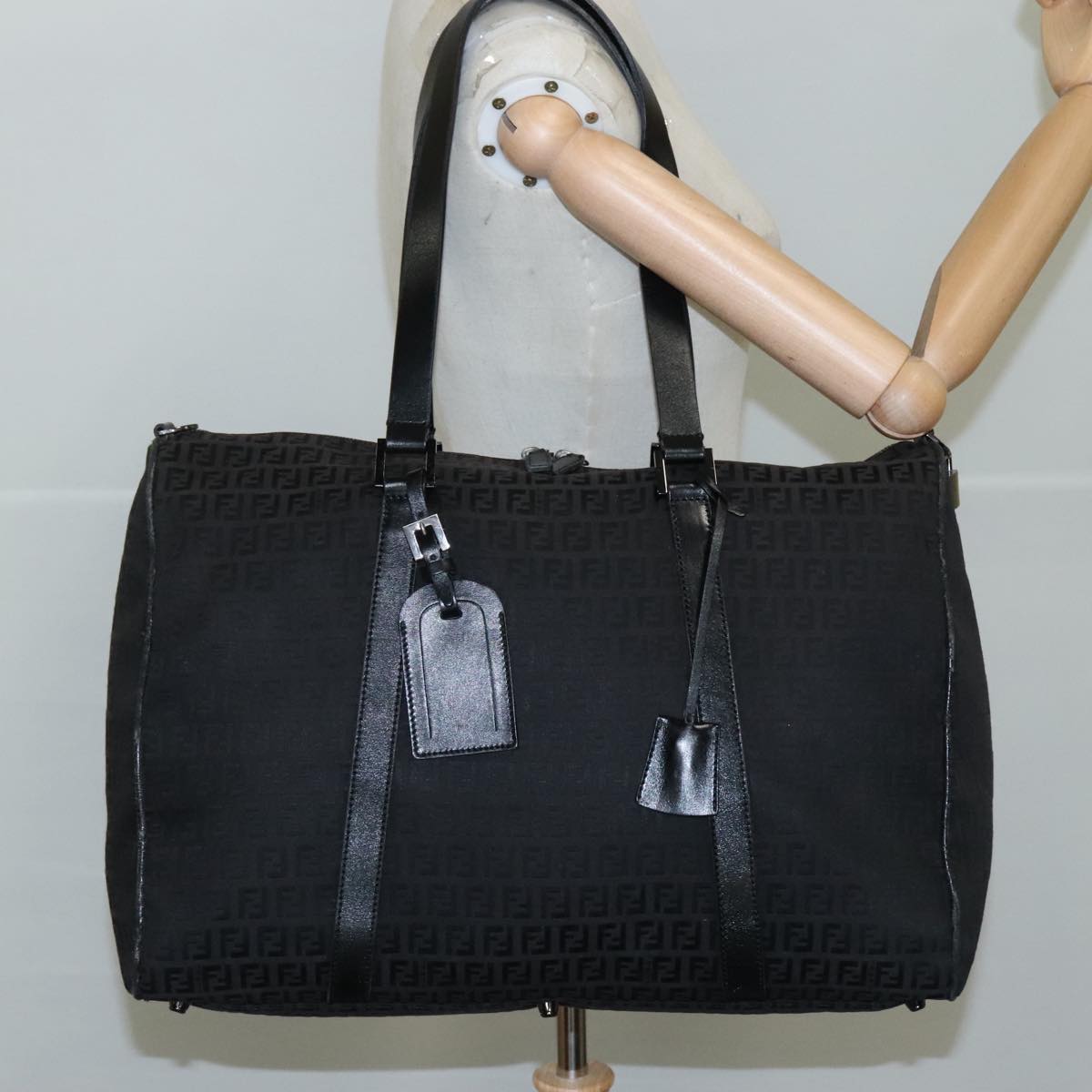 FENDI Zucchino Canvas Boston Bag Silver Black 109161