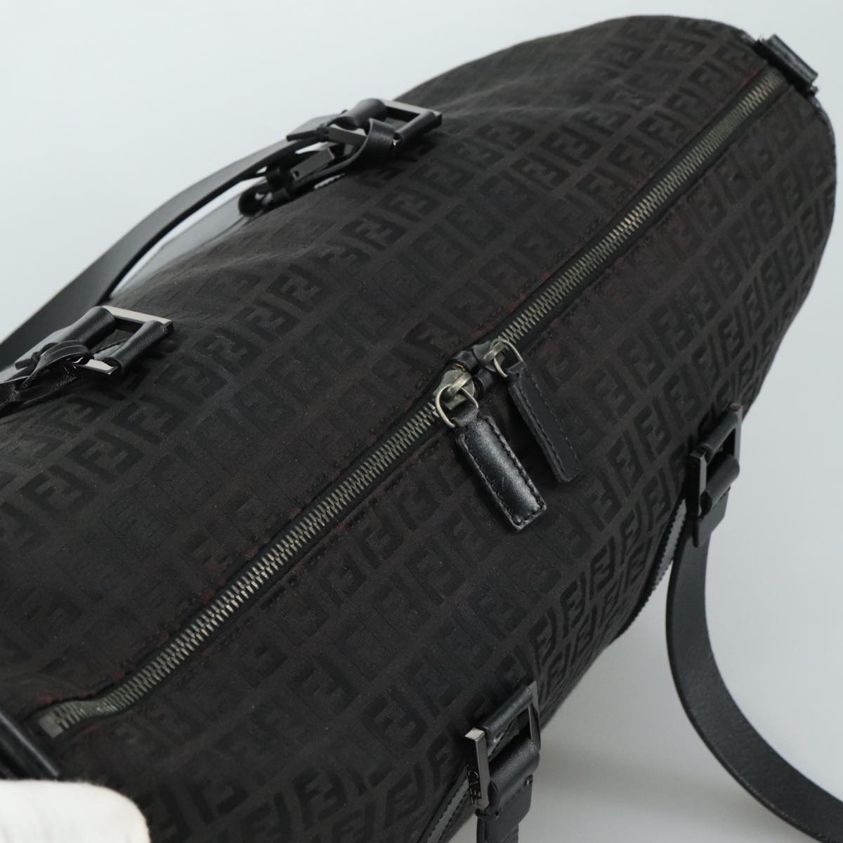 FENDI Zucchino Canvas Boston Bag Silver Black 109161