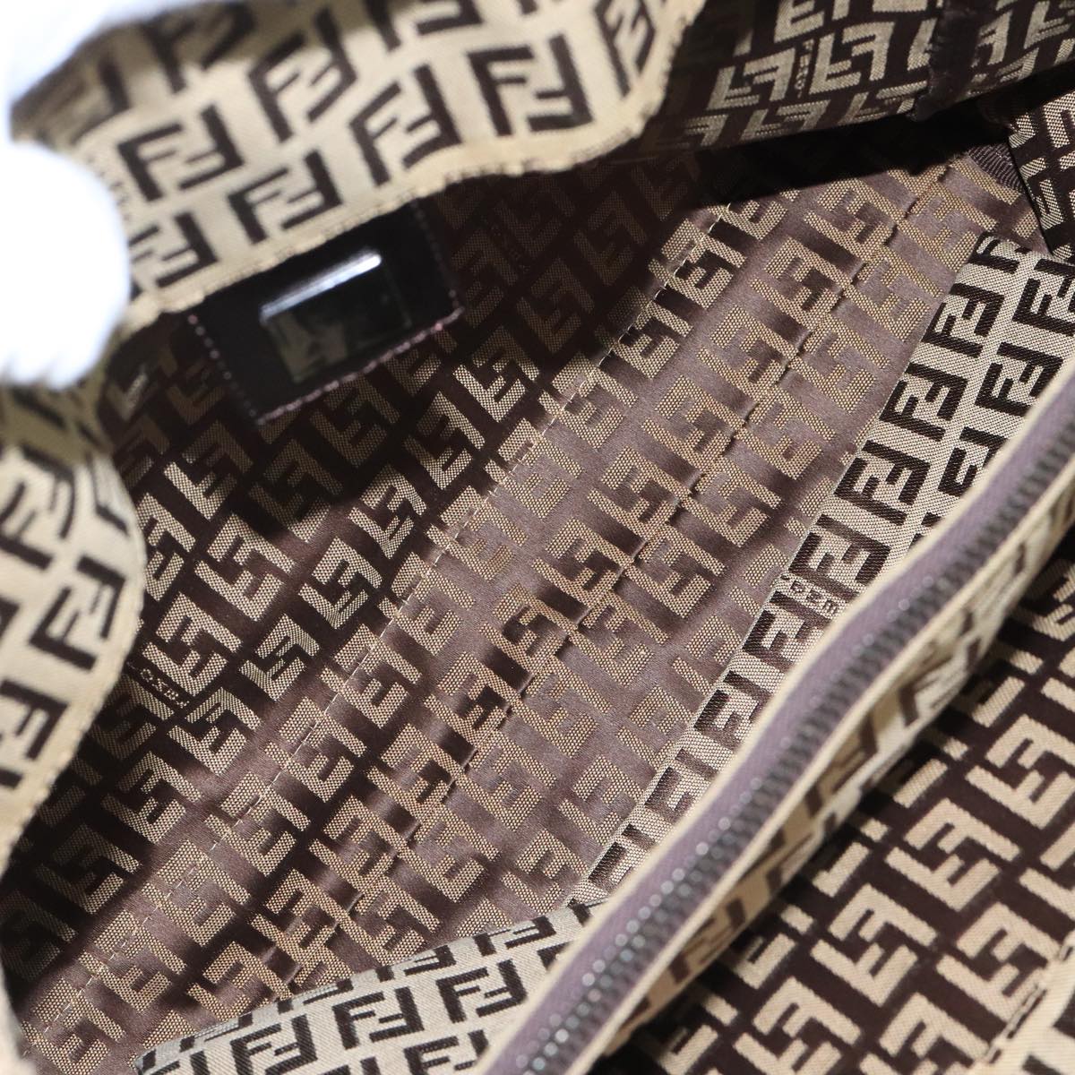 FENDI Zucchino Canvas Tote Bag Beige Brown Silver 109192