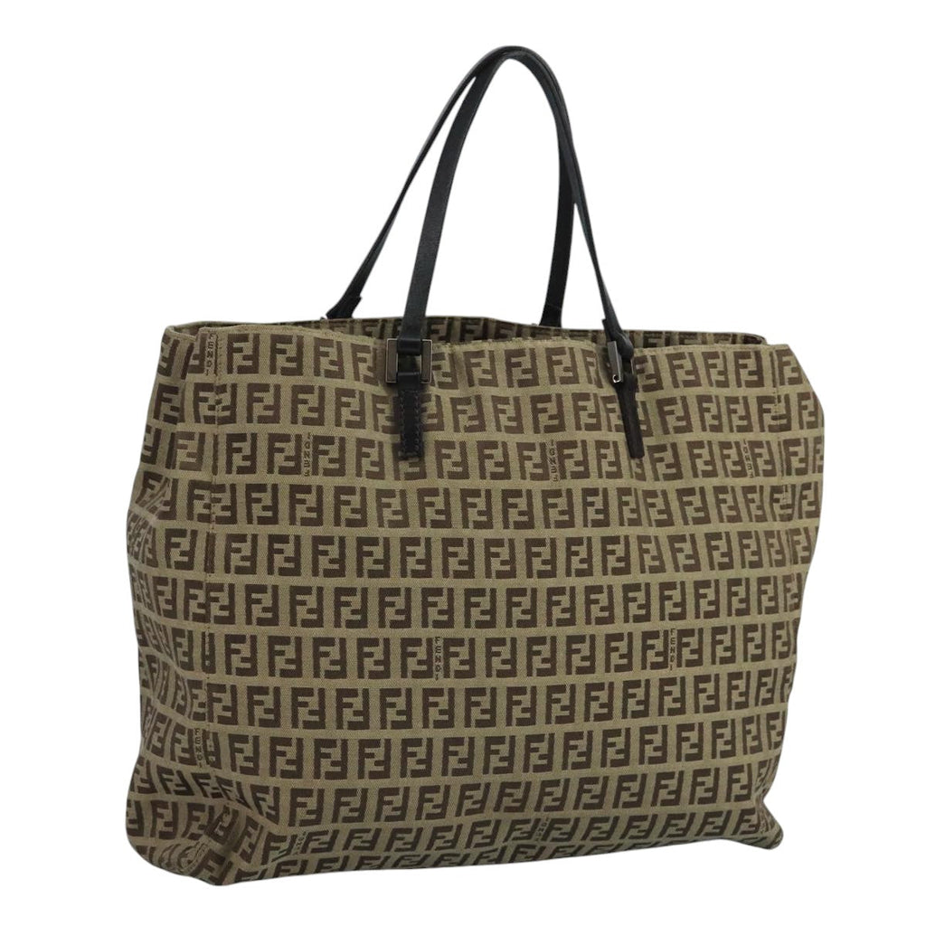 FENDI Zucchino Canvas Tote Bag Beige Brown Silver 109192