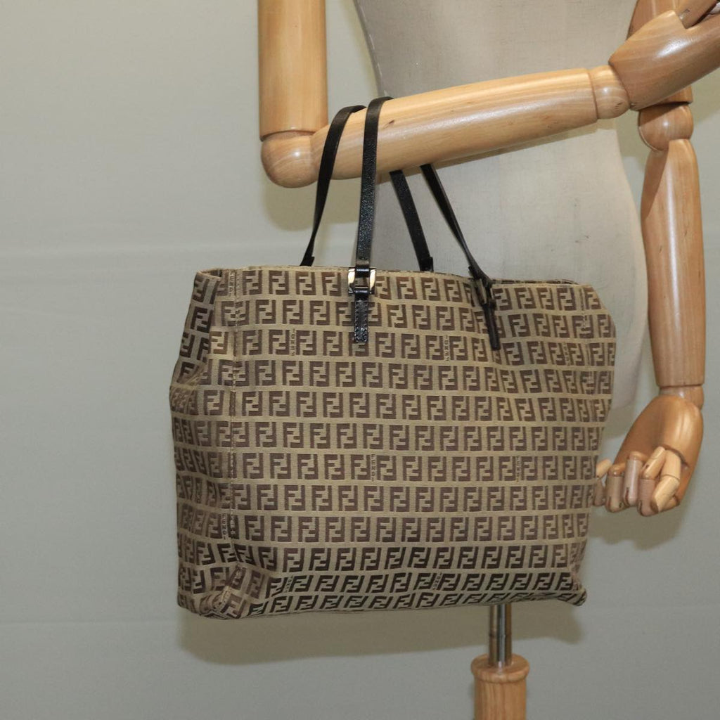 FENDI Zucchino Canvas Tote Bag Beige Brown Silver 109192