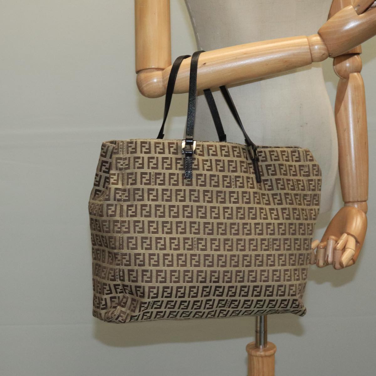 FENDI Zucchino Canvas Tote Bag Beige Brown Silver 109192
