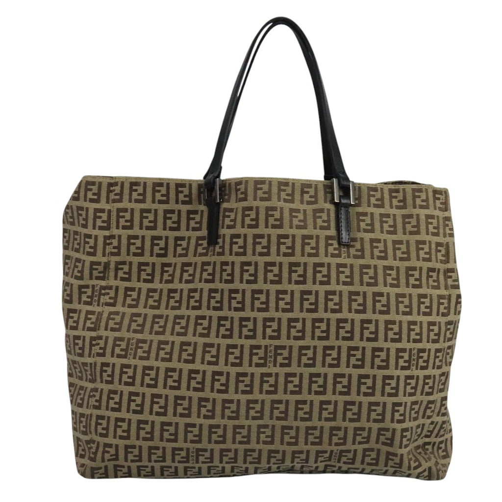 FENDI Zucchino Canvas Tote Bag Beige Brown Silver 109192