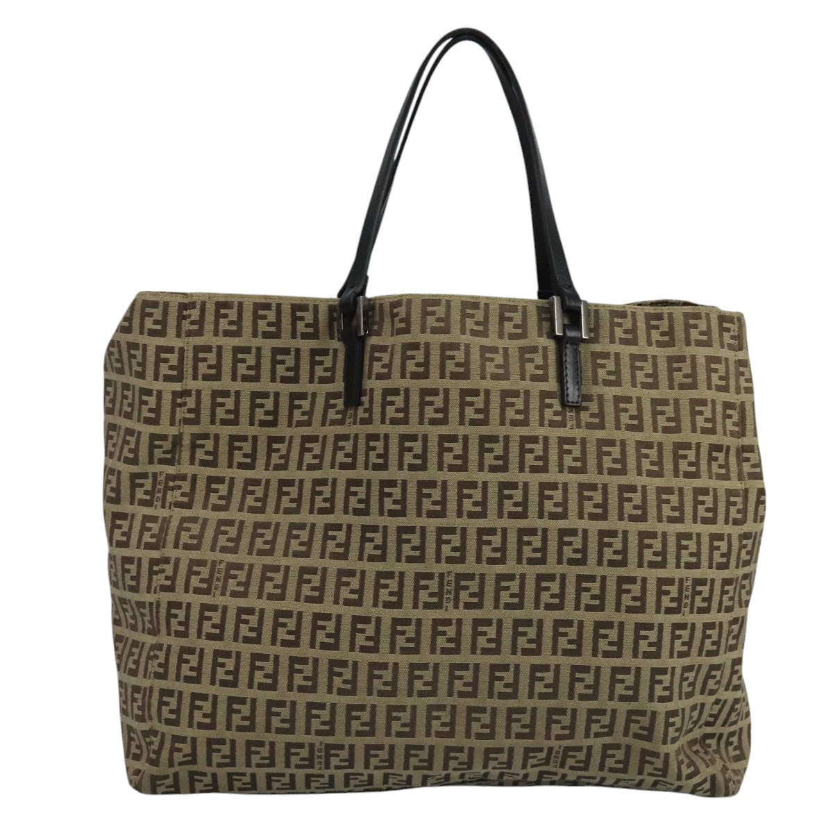 FENDI Zucchino Canvas Tote Bag Beige Brown Silver 109192
