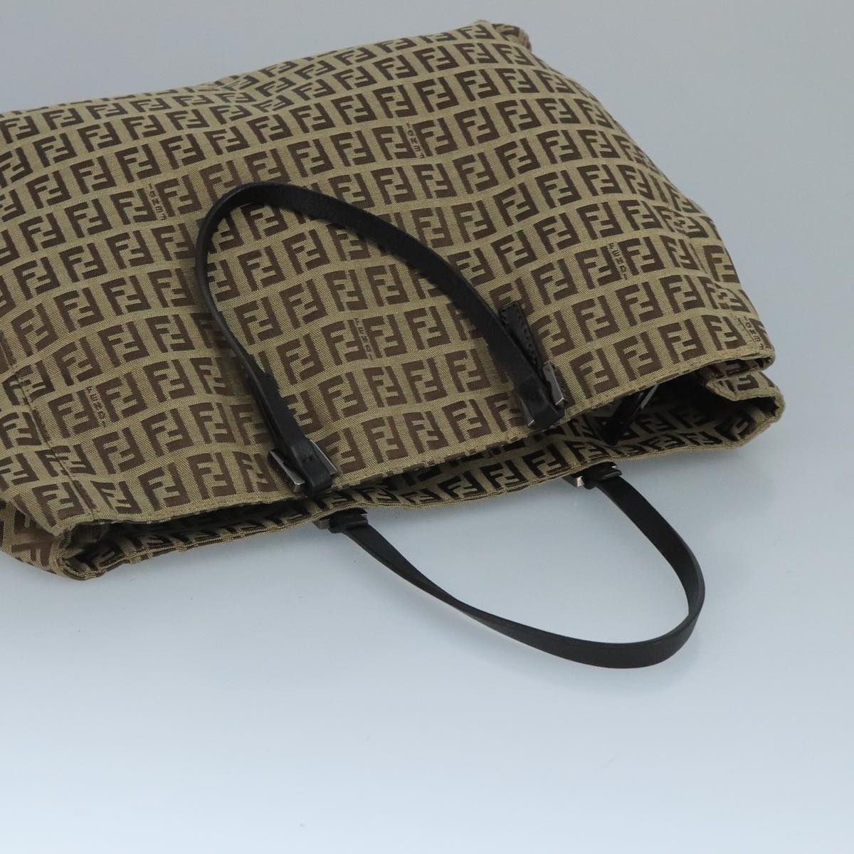 FENDI Zucchino Canvas Tote Bag Beige Brown Silver 109192