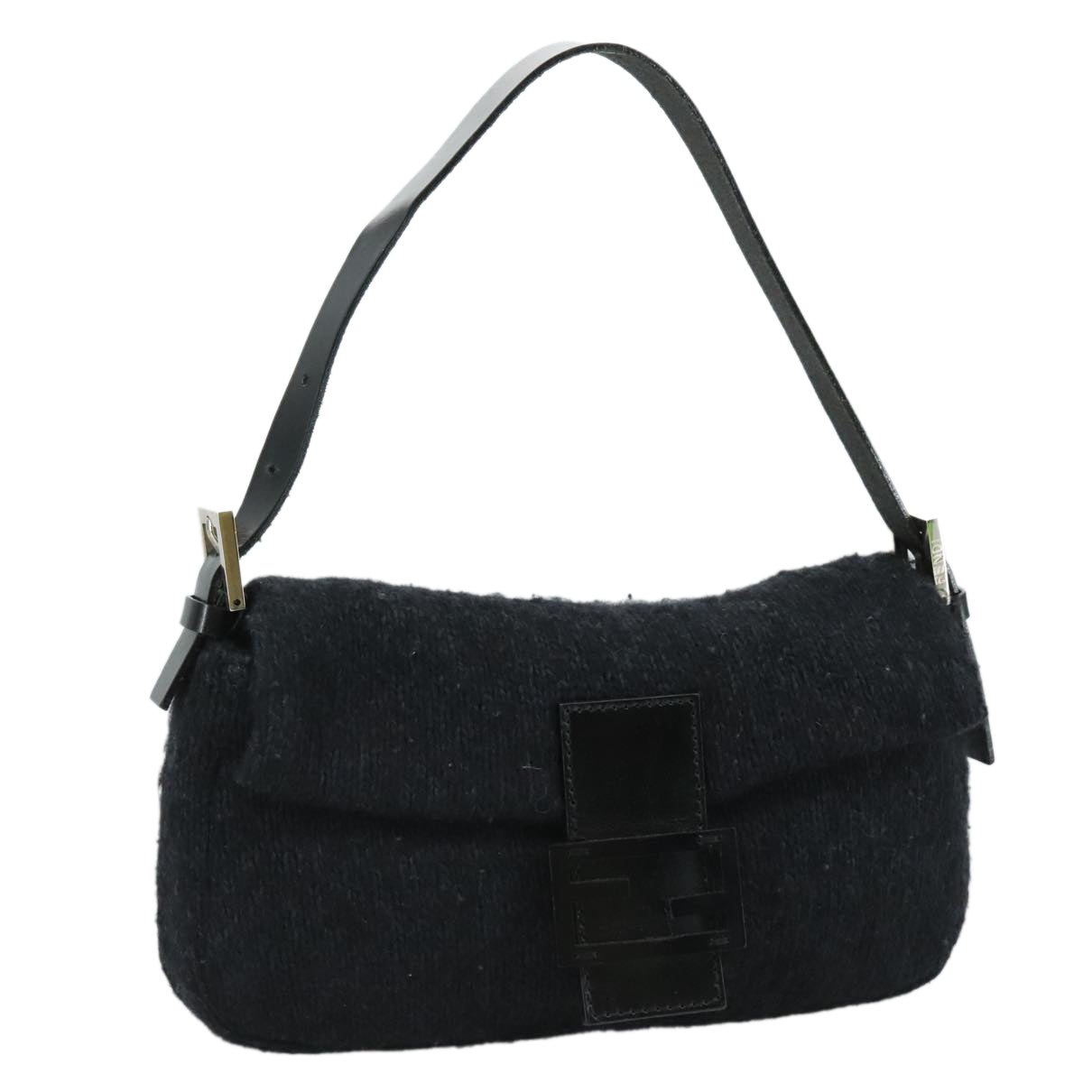 FENDI Mamma Baguette Shoulder Bag Wool Black Silver 109495