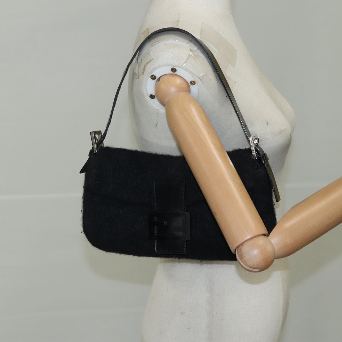 FENDI Mamma Baguette Shoulder Bag Wool Black Silver 109495