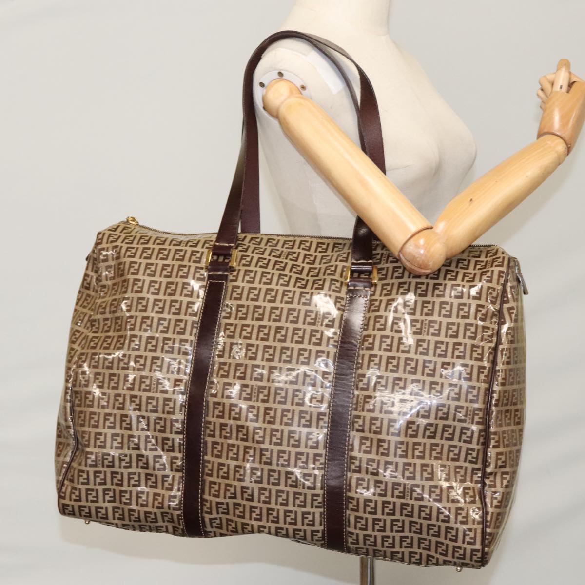 FENDI Zucchino Canvas Boston Bag Gold Beige 109630