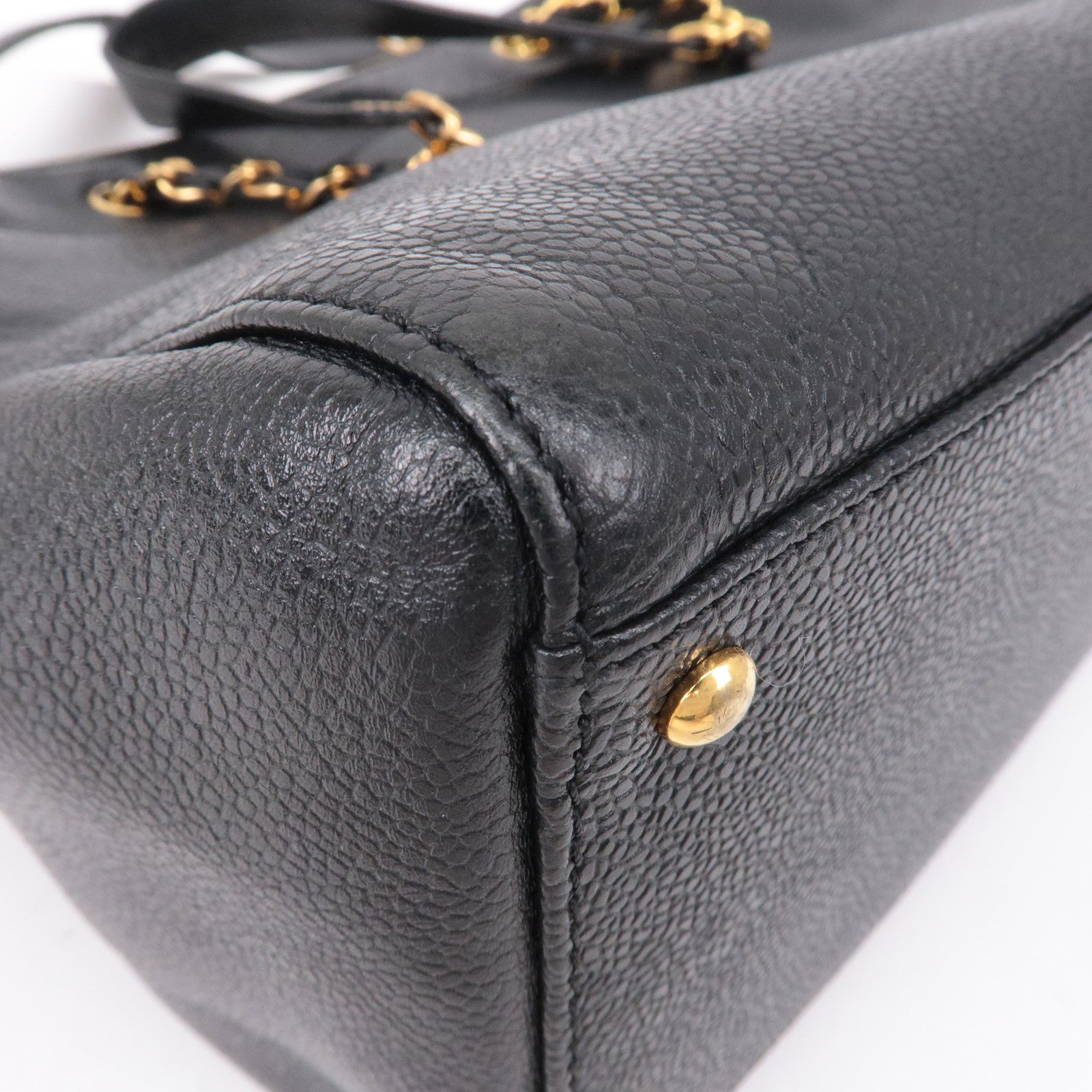 CHANEL Caviar Skin Chain Tote Bag Shoulder Bag Gold Black