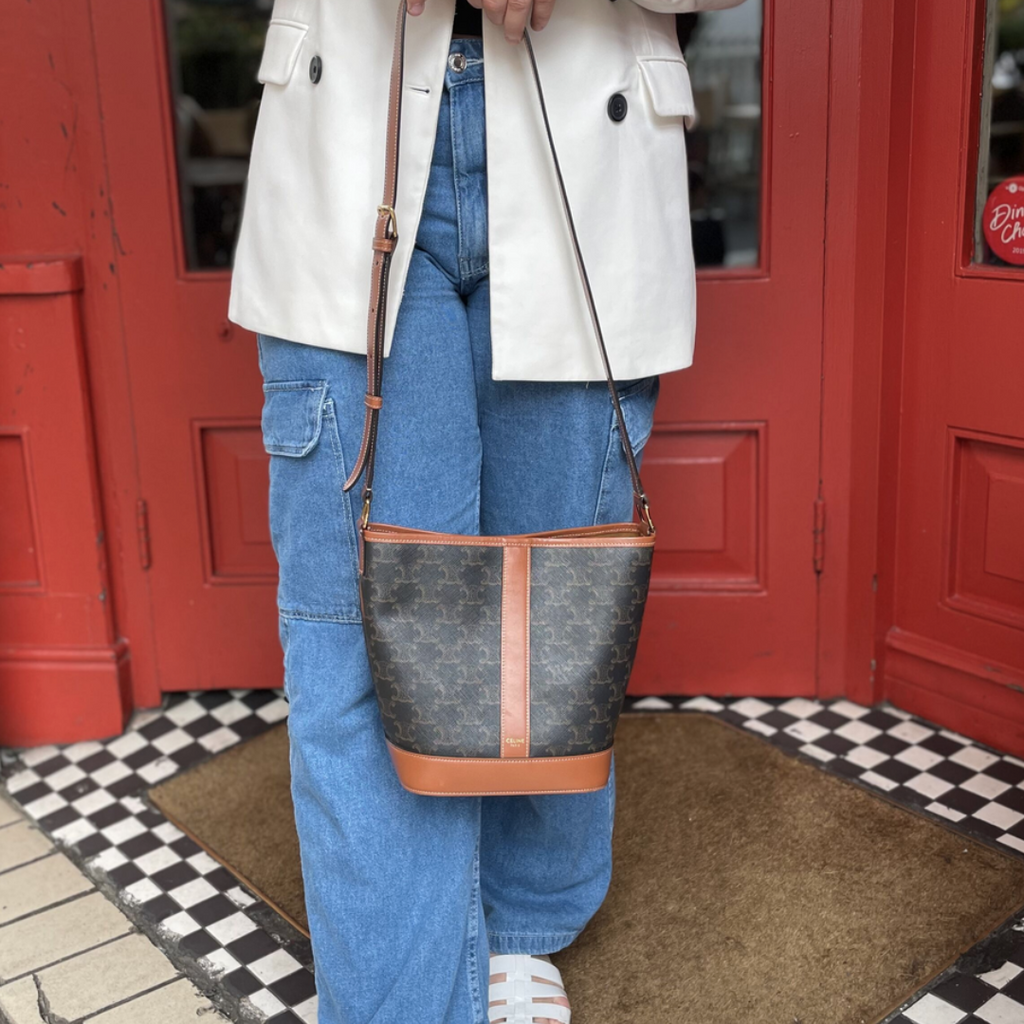 Celine Canvas & Calfskin Triomphe Small Bucket Bag 2020