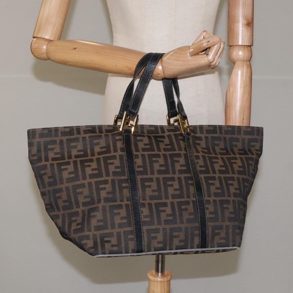 FENDI Zucca Canvas Hand Bag Brown Black gold 110407