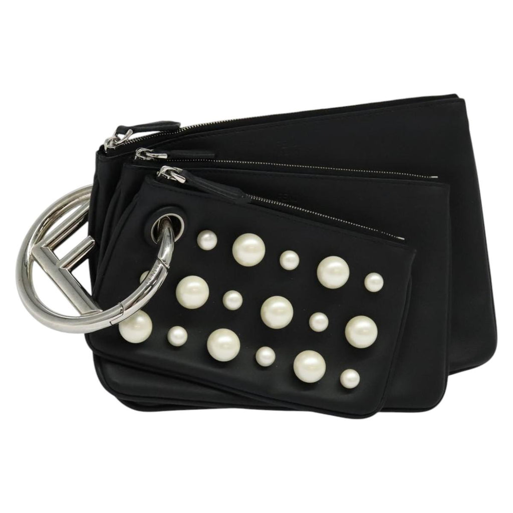 FENDI Triplet Clutch Bag Leather Black 110887