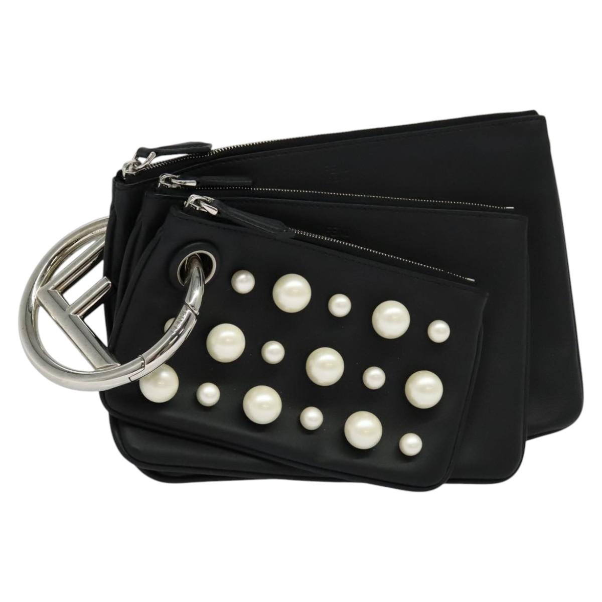 FENDI Triplet Clutch Bag Leather Black 110887
