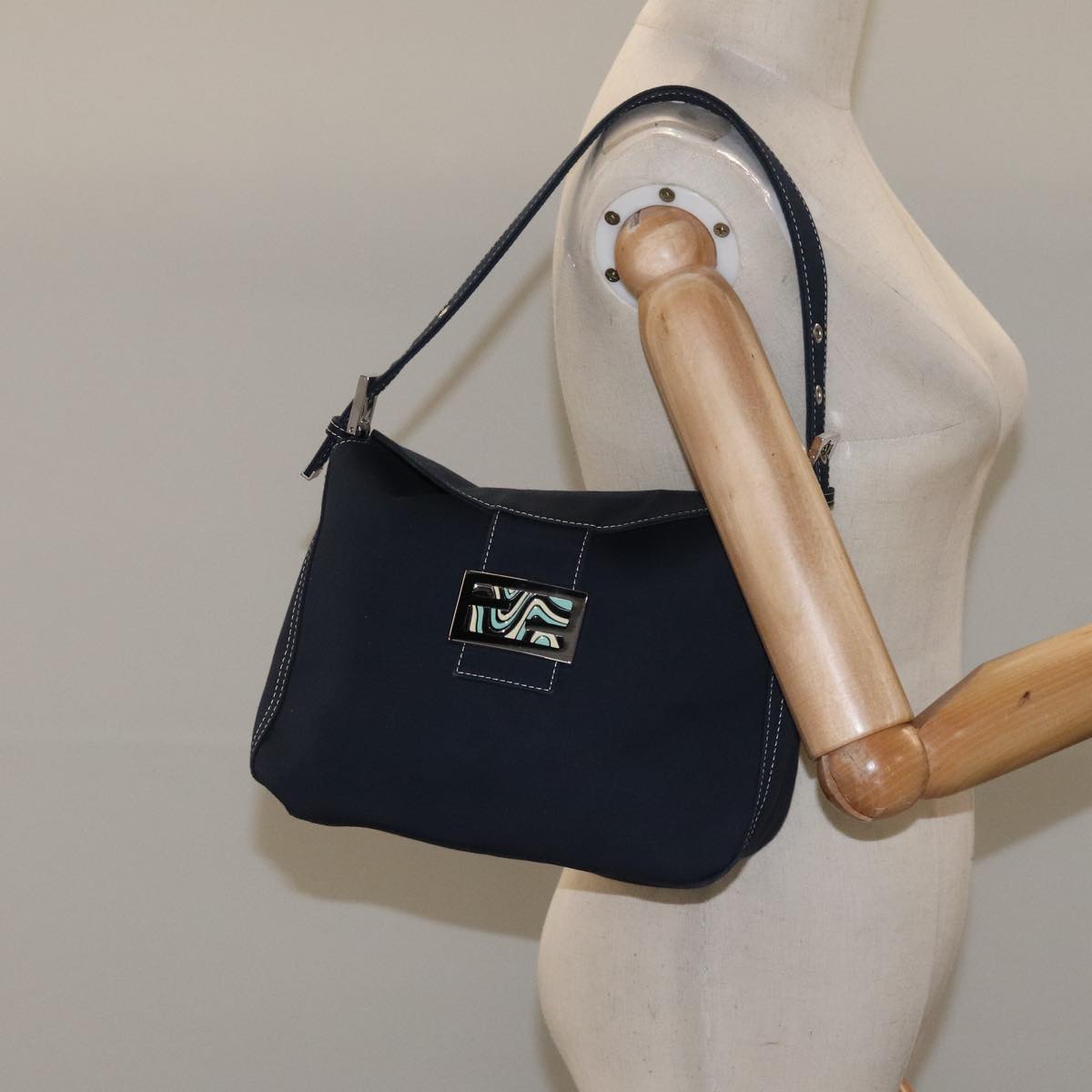FENDI Mamma Baguette Shoulder Bag Canvas Navy 110912