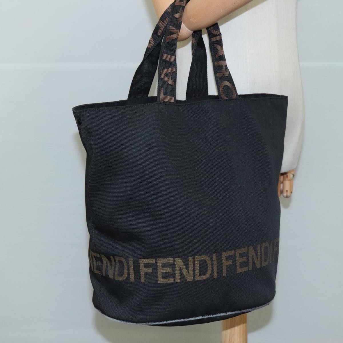 FENDI Hand Bag Nylon Black Brown Silver 111059