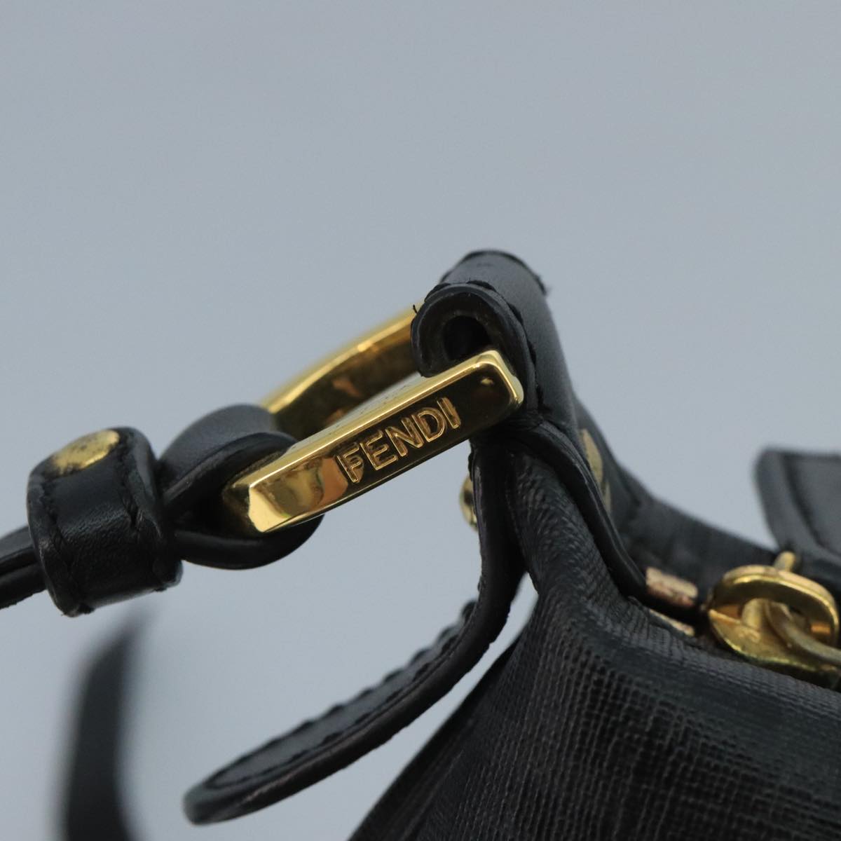 FENDI Zucchino Canvas Shoulder Bag Gold Black 111182