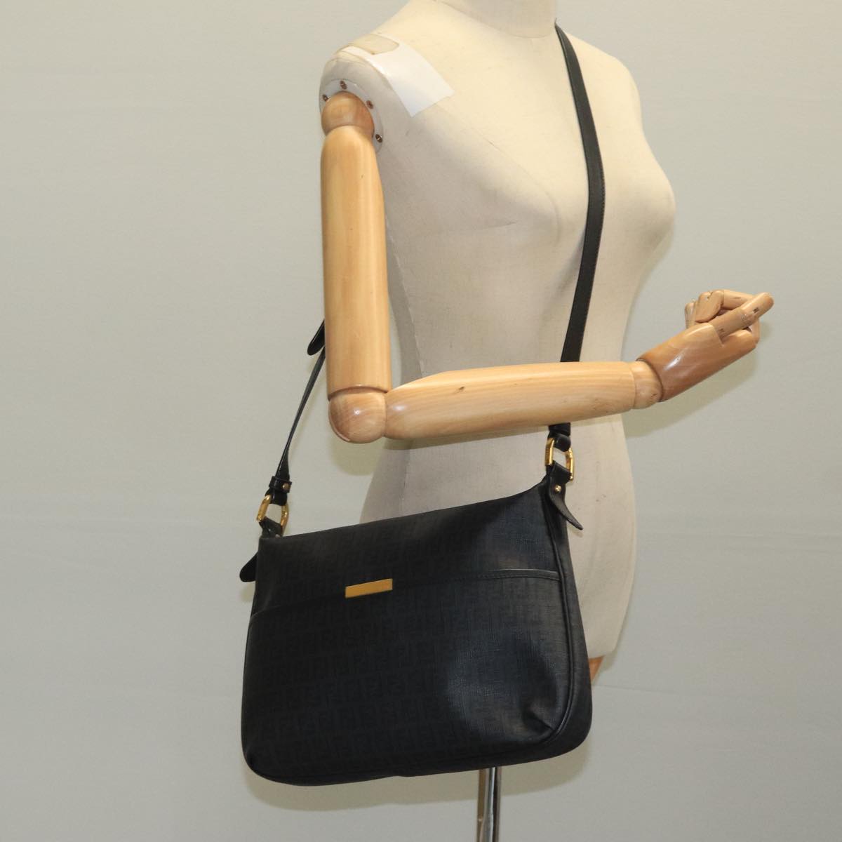 FENDI Zucchino Canvas Shoulder Bag Gold Black 111182