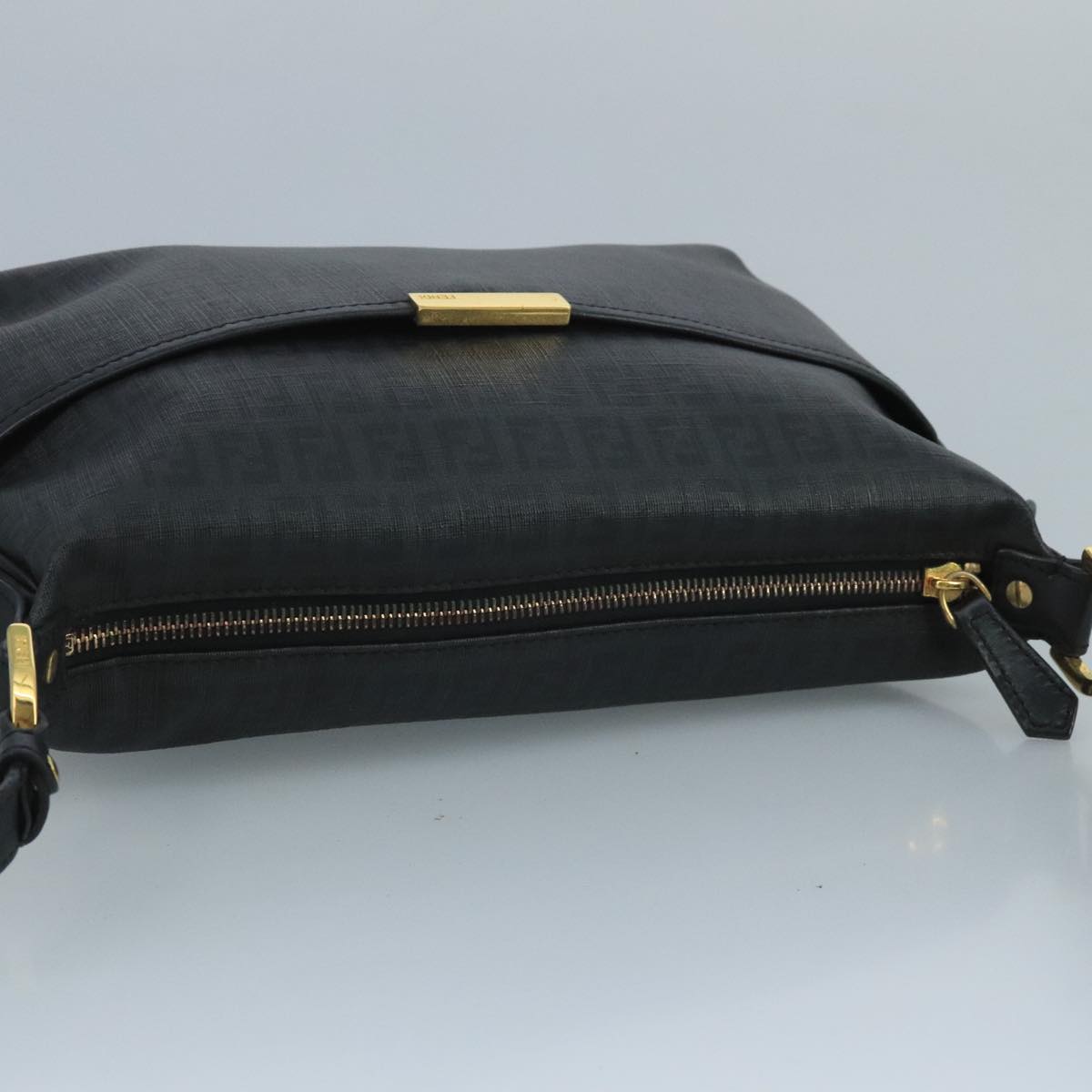 FENDI Zucchino Canvas Shoulder Bag Gold Black 111182