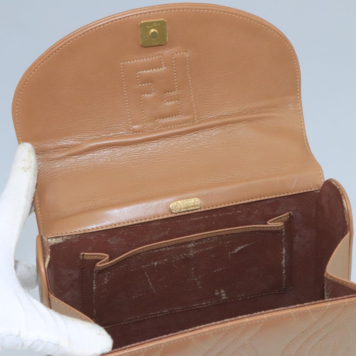 FENDI Hand Bag Leather Beige 111309