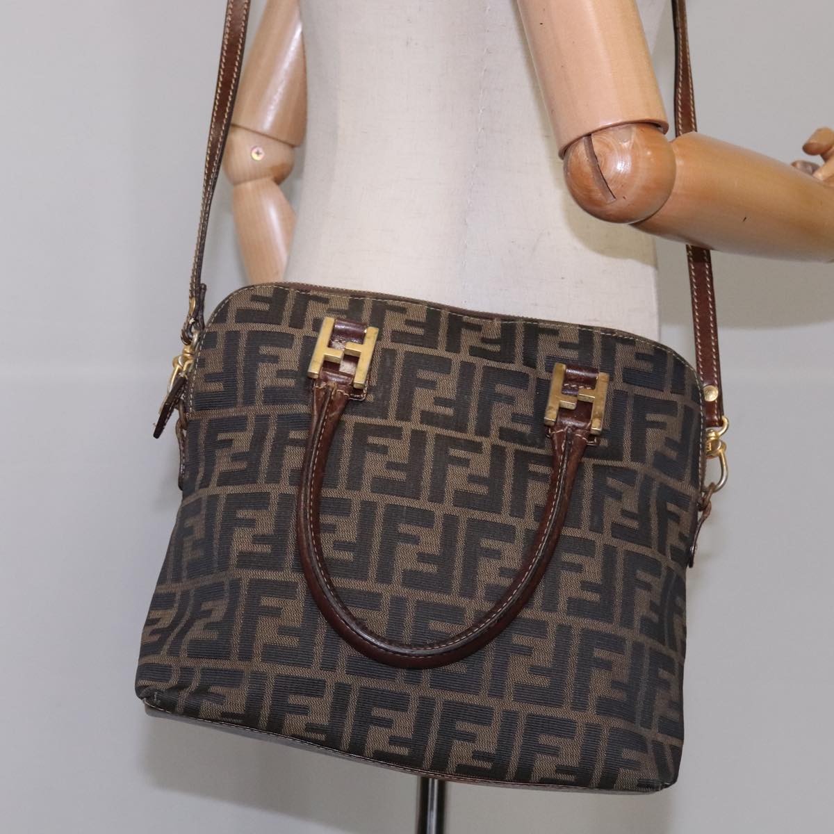 FENDI Zucca Canvas Hand Bag 2way Brown Black 111463