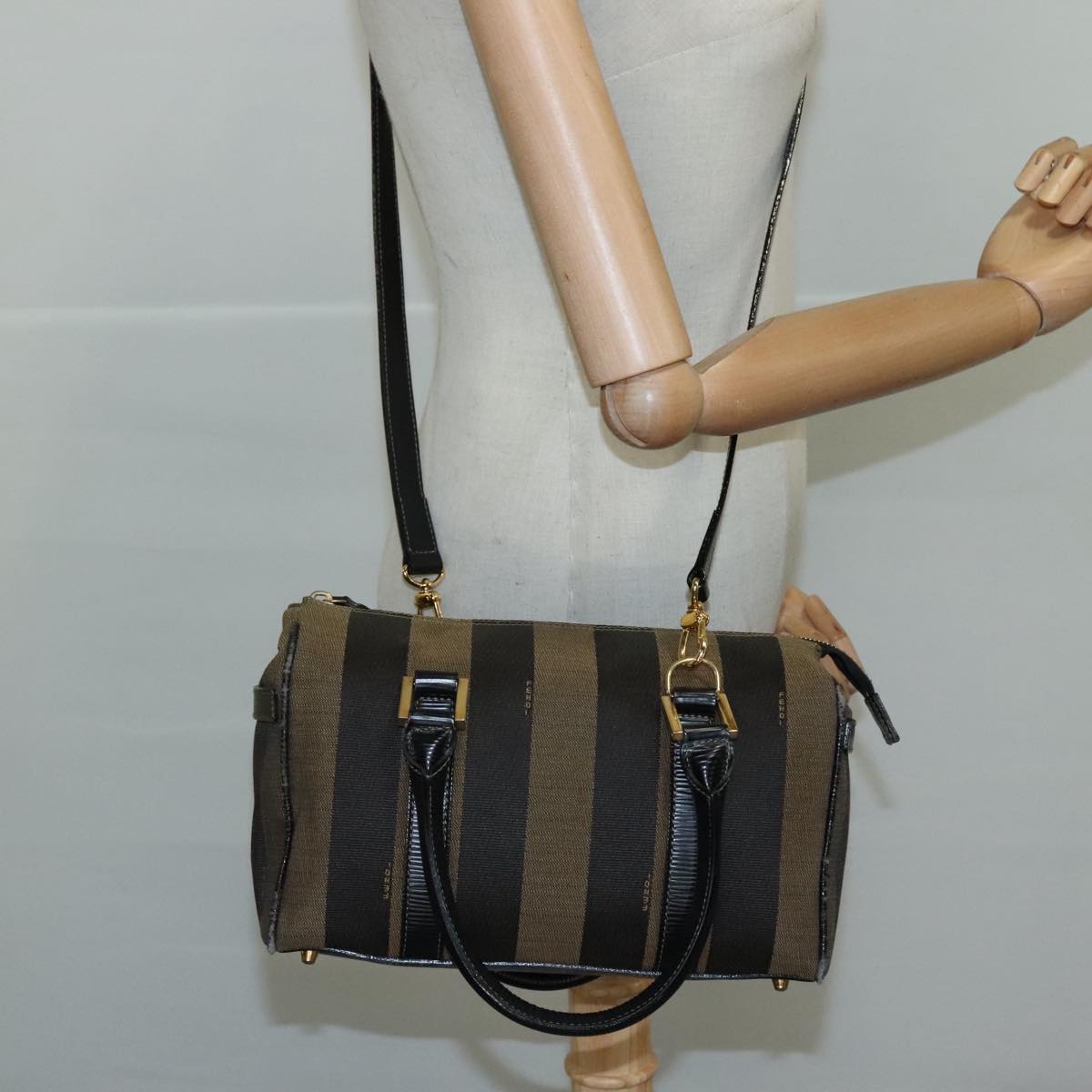 FENDI Pecan Canvas Hand Bag 2way Brown Black gold 111719