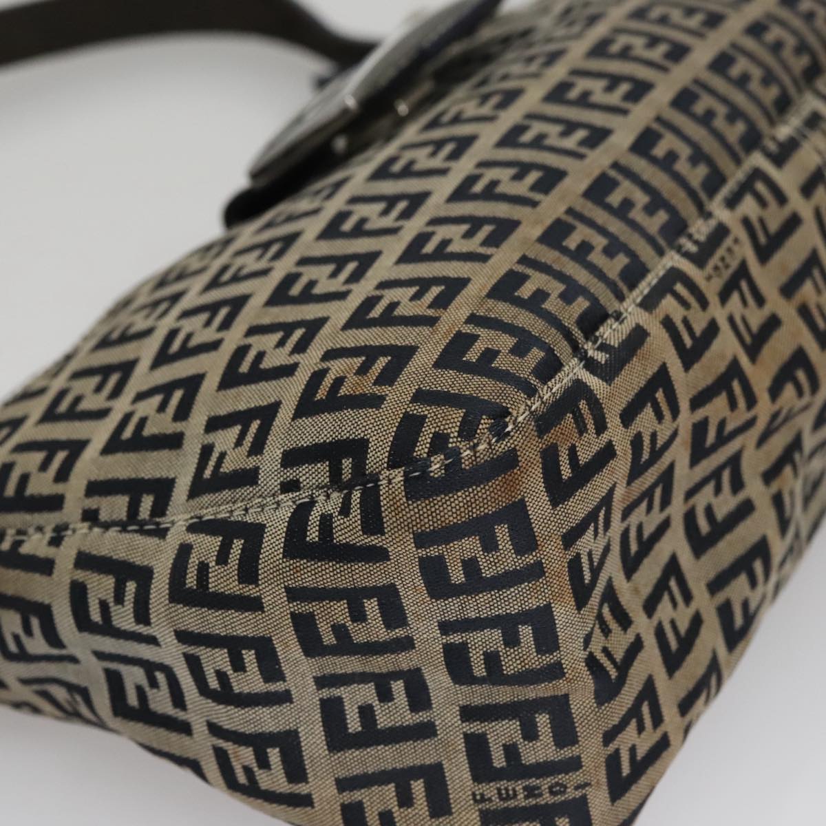 FENDI Zucchino Canvas Mamma Baguette Shoulder Bag Navy Silver 111785