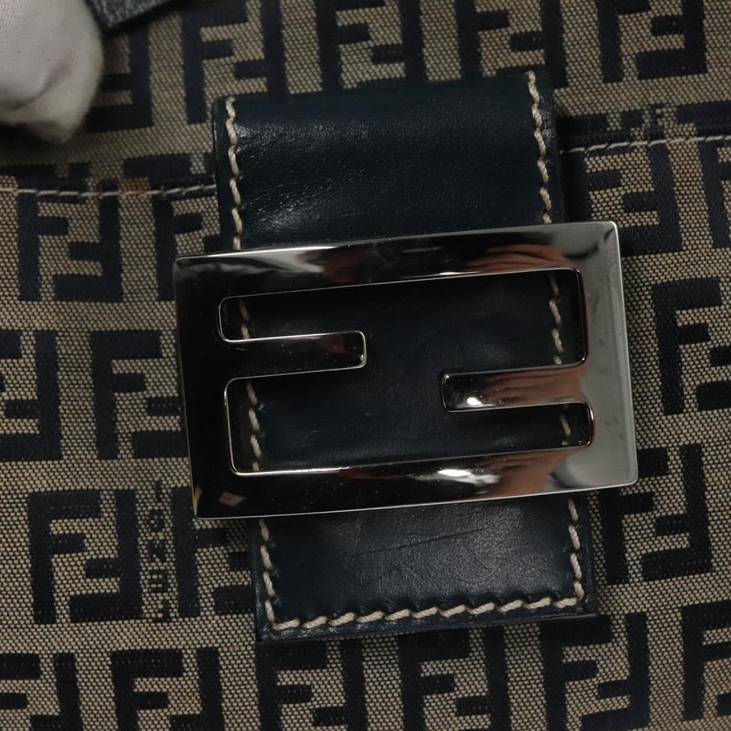 FENDI Zucchino Canvas Mamma Baguette Shoulder Bag Navy Silver 111785