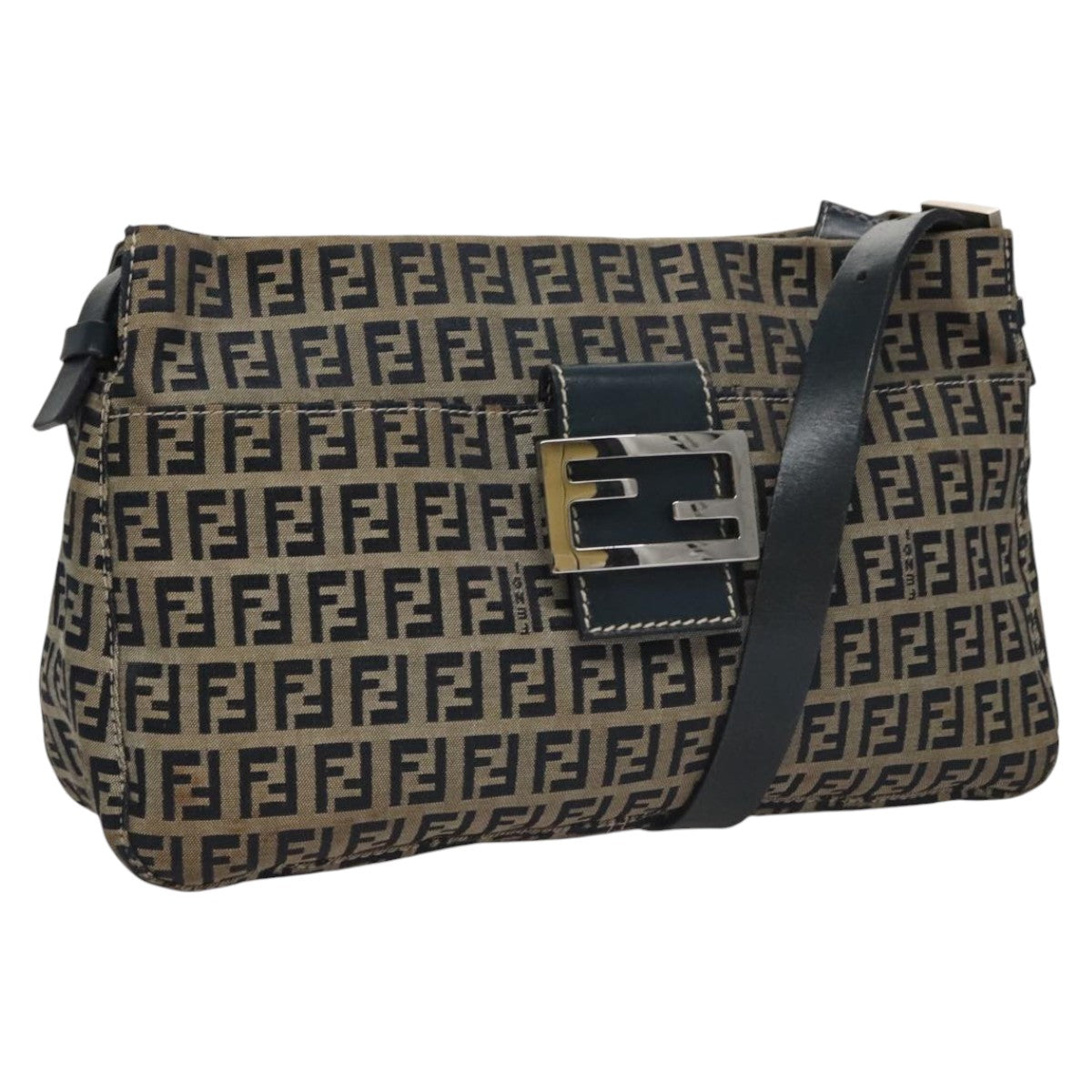 FENDI Zucchino Canvas Mamma Baguette Shoulder Bag Navy Silver 111785