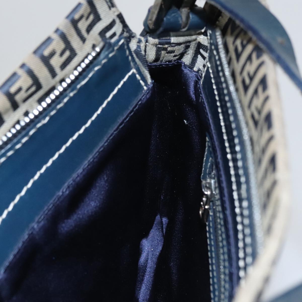 FENDI Zucchino Canvas Mamma Baguette Shoulder Bag Navy Silver 111785