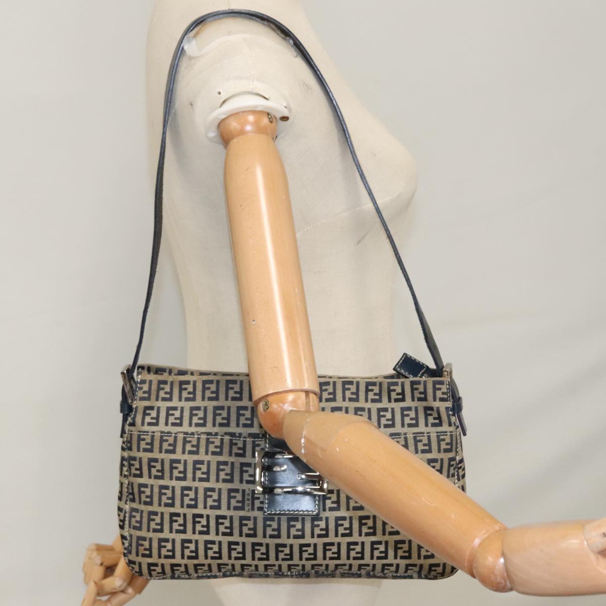FENDI Zucchino Canvas Mamma Baguette Shoulder Bag Navy Silver 111785