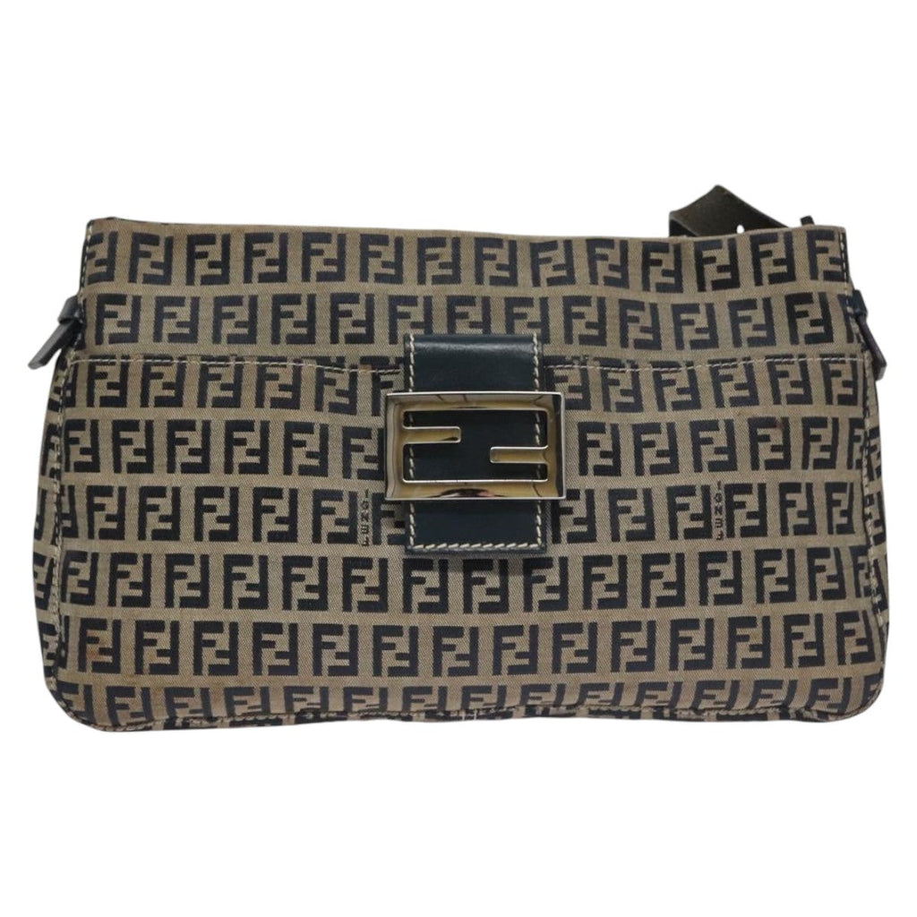 FENDI Zucchino Canvas Mamma Baguette Shoulder Bag Navy Silver 111785