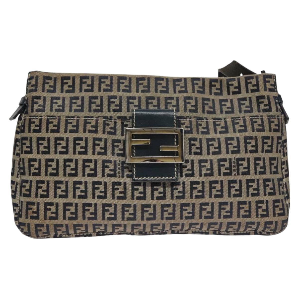 FENDI Zucchino Canvas Mamma Baguette Shoulder Bag Navy Silver 111785