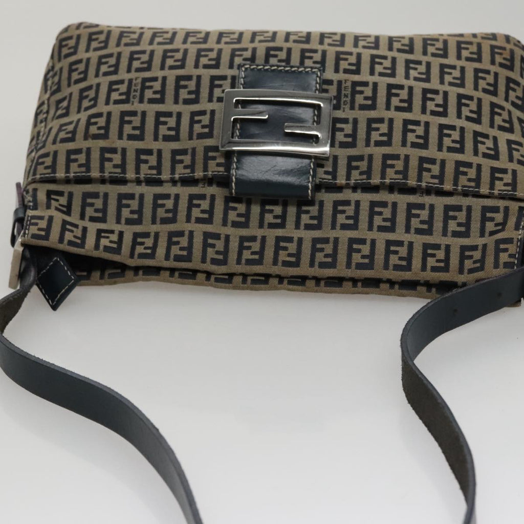 FENDI Zucchino Canvas Mamma Baguette Shoulder Bag Navy Silver 111785