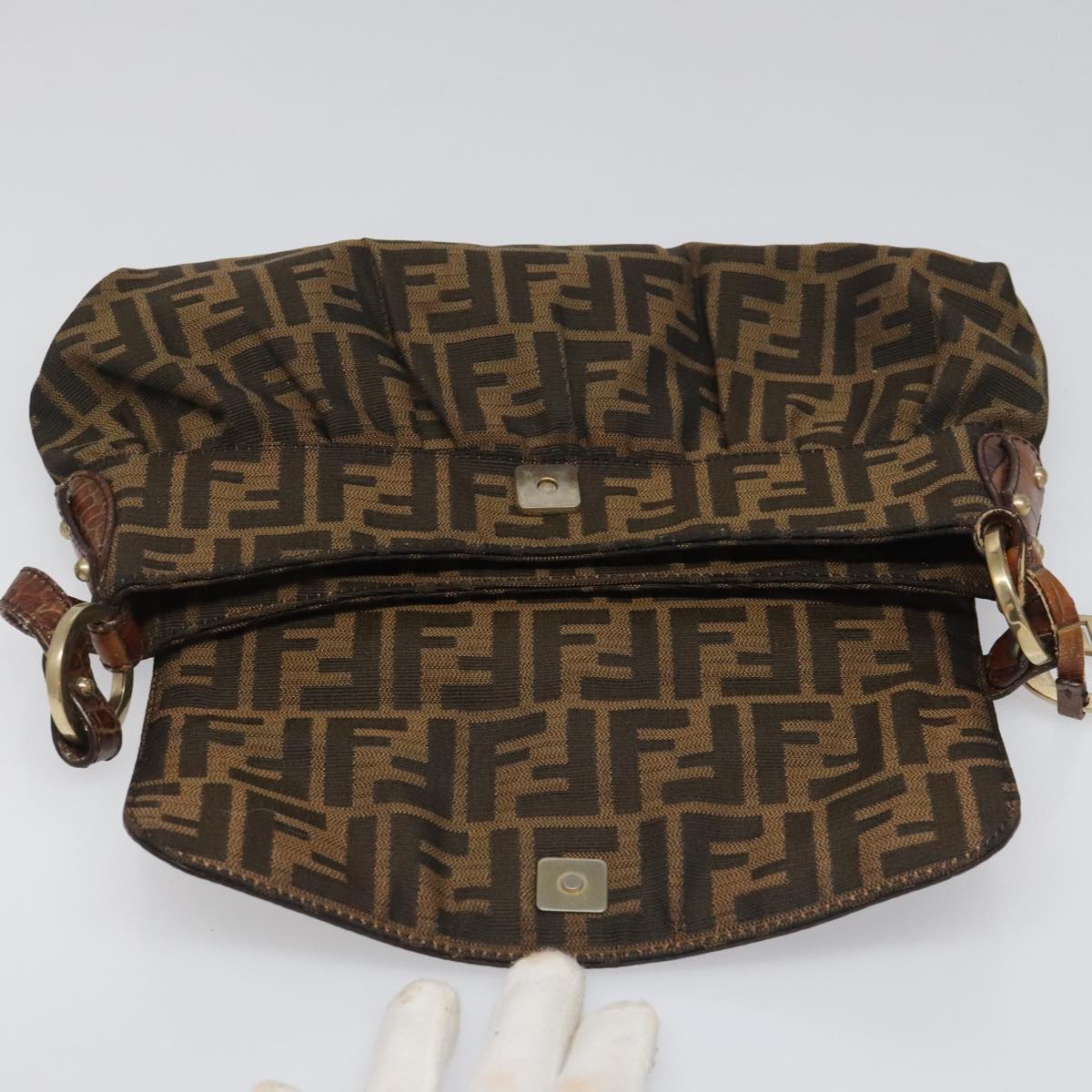 FENDI Zucca Canvas Shoulder Bag Brown Black gold 111883