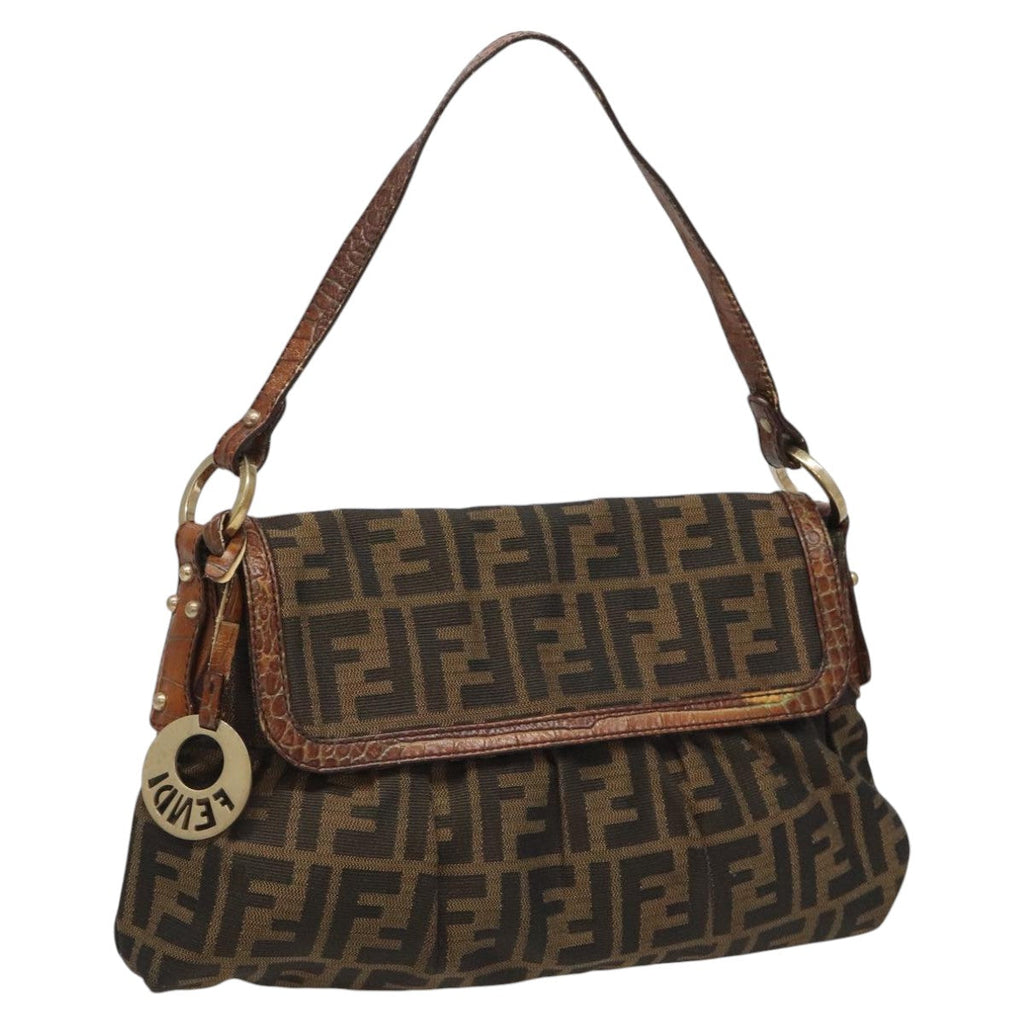 FENDI Zucca Canvas Shoulder Bag Brown Black gold 111883