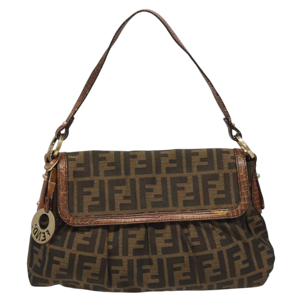 FENDI Zucca Canvas Shoulder Bag Brown Black gold 111883