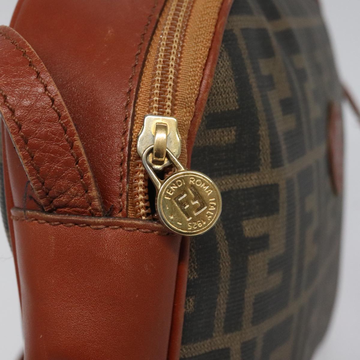 FENDI Zucca Canvas Shoulder Bag PVC Leather Brown Black gold 111885