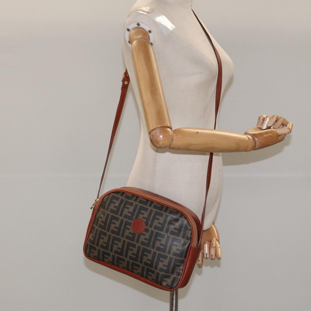 FENDI Zucca Canvas Shoulder Bag PVC Leather Brown Black gold 111885